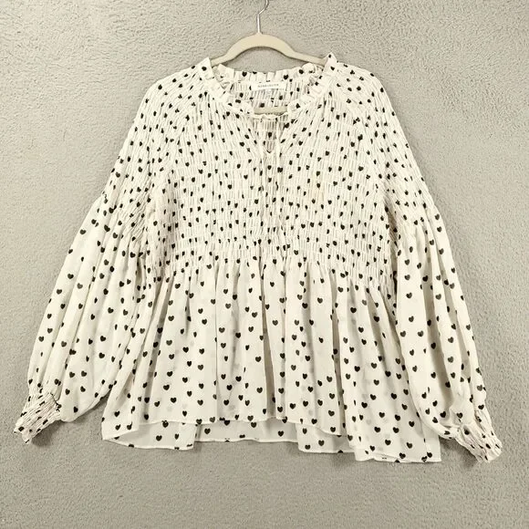 Rose & Olive Blouse Womens Large Little Ditsy Hearts Allover White Smocking - Picture 2 of 12